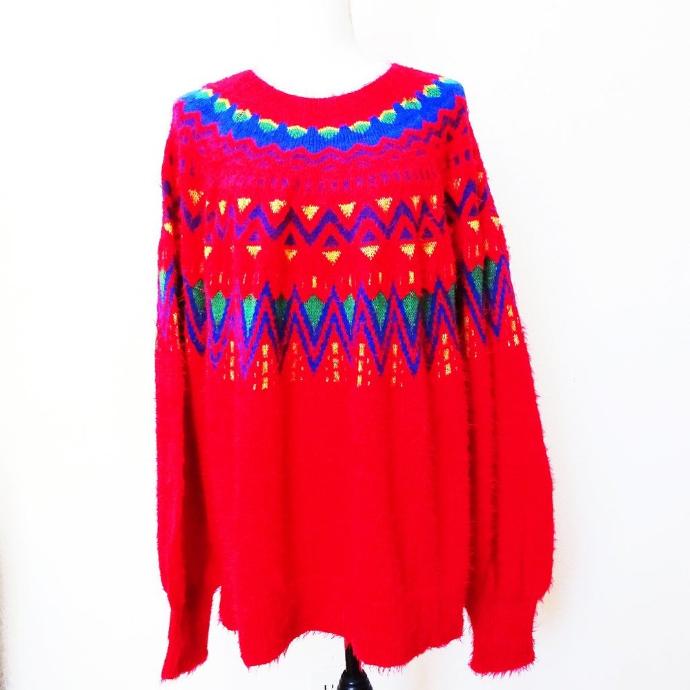 Time and Tru Red Fair Isle Sweater with Multicolor Pattern